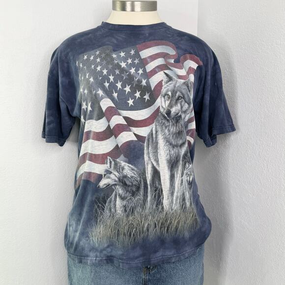 Vintage The Mountain Wolf USA Flag Tie Dye Blue T-Shirt Medium - Picture 1 of 9